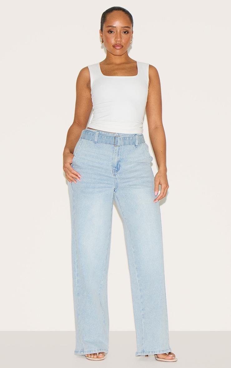 Pretty Little Thing Shape Light Blue Stretch Denim Highwaisted Belted Wide Leg Jeans