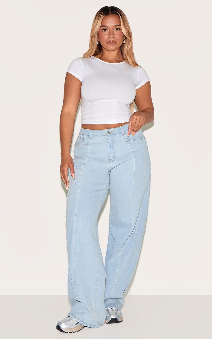 Pretty Little Thing Shape Light Blue Stretch Denim Highwaisted Seam Detail Wide Leg Jeans