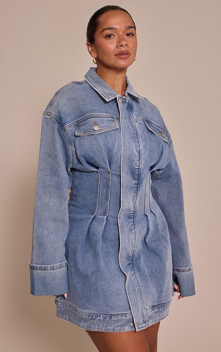 Pretty Little Thing Shape Mid Blue Wash Stretch Denim Cinched Waist Mini Dress