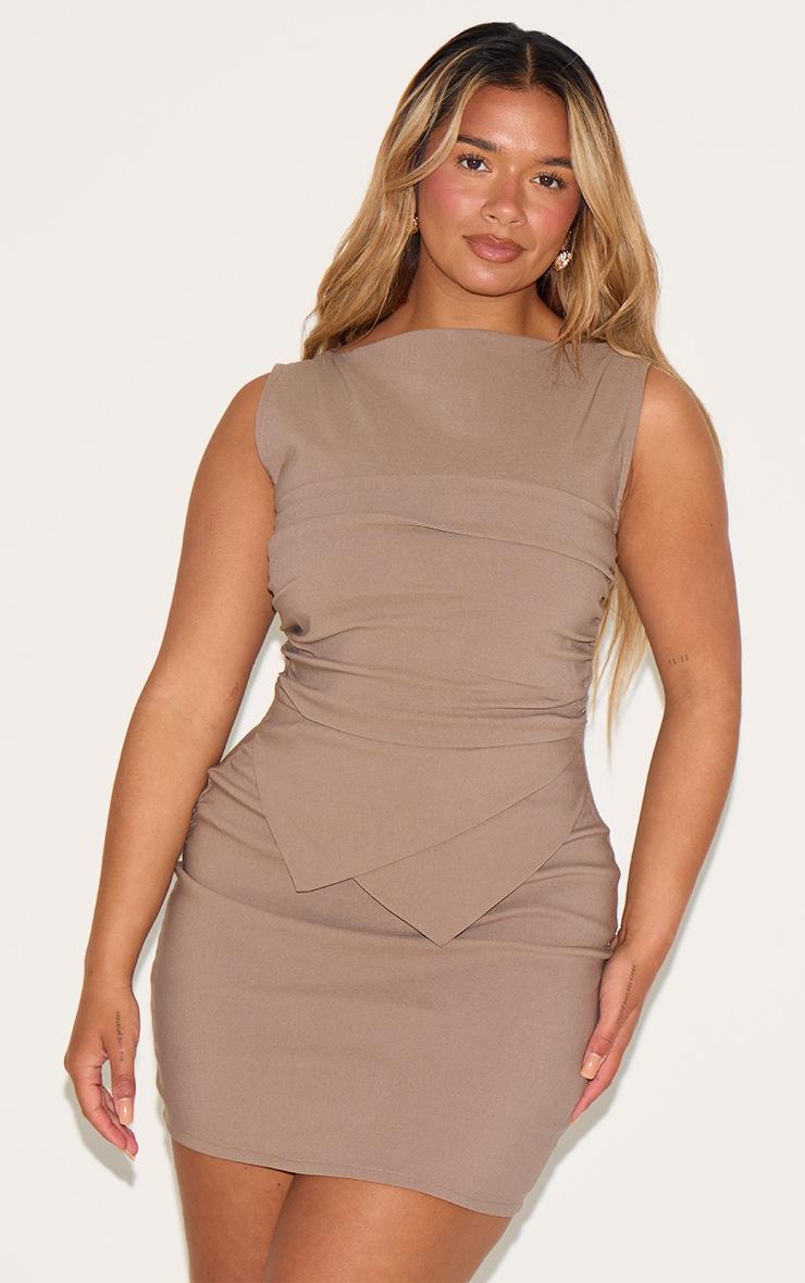 Pretty Little Thing Shape Mocha Stretch Woven Boat Neck Ruched Side Mini Dress