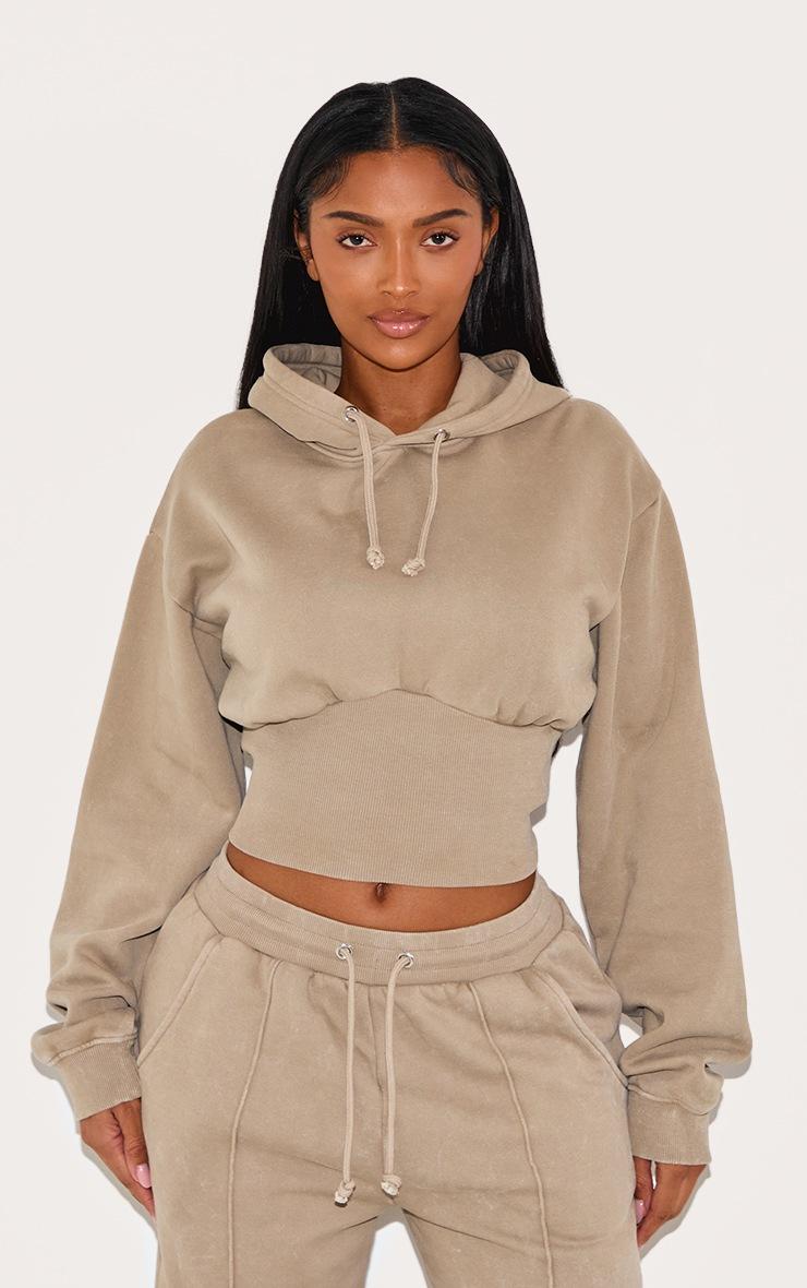 Pretty Little Thing Shape Mocha Sweat Cropped Shirred Waist Hoodie