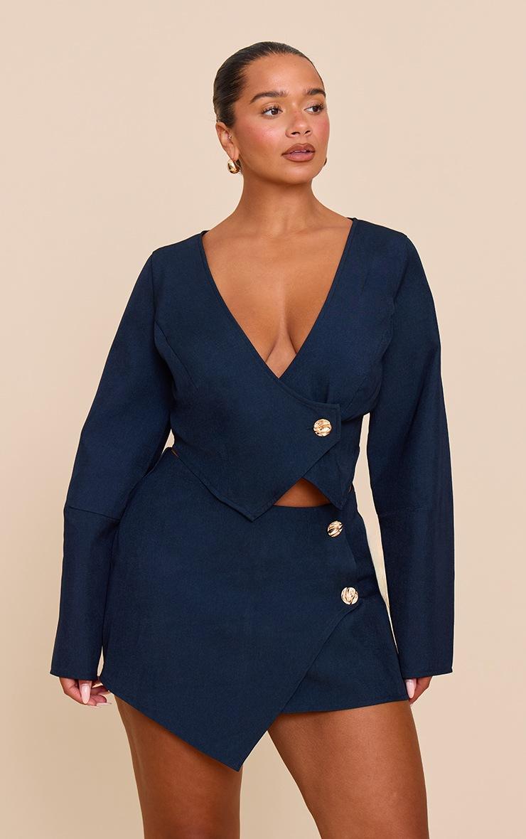 Pretty Little Thing Shape navy Asymmetrical Hammered Button Blazer