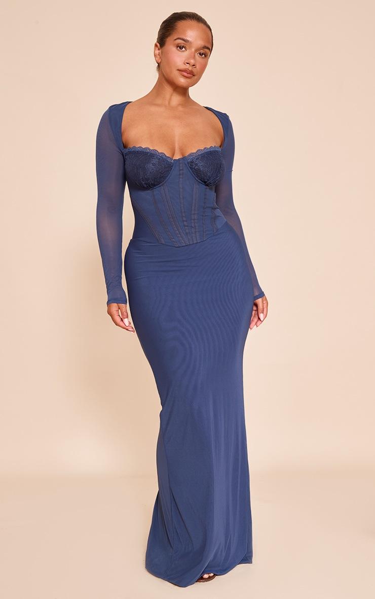 Pretty Little Thing Shape navy Mesh Lace Insert Corseted Maxi Dress