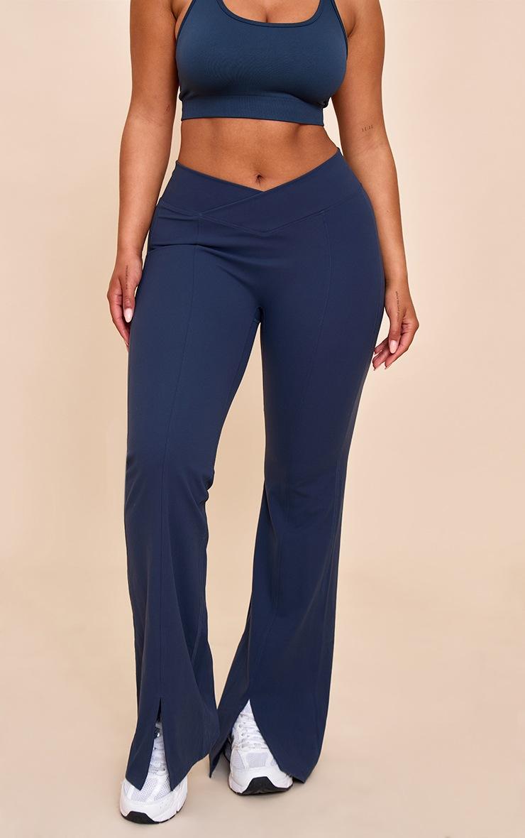 Pretty Little Thing Shape Navy Sculpt Active V Waist Split Front Flare Pants