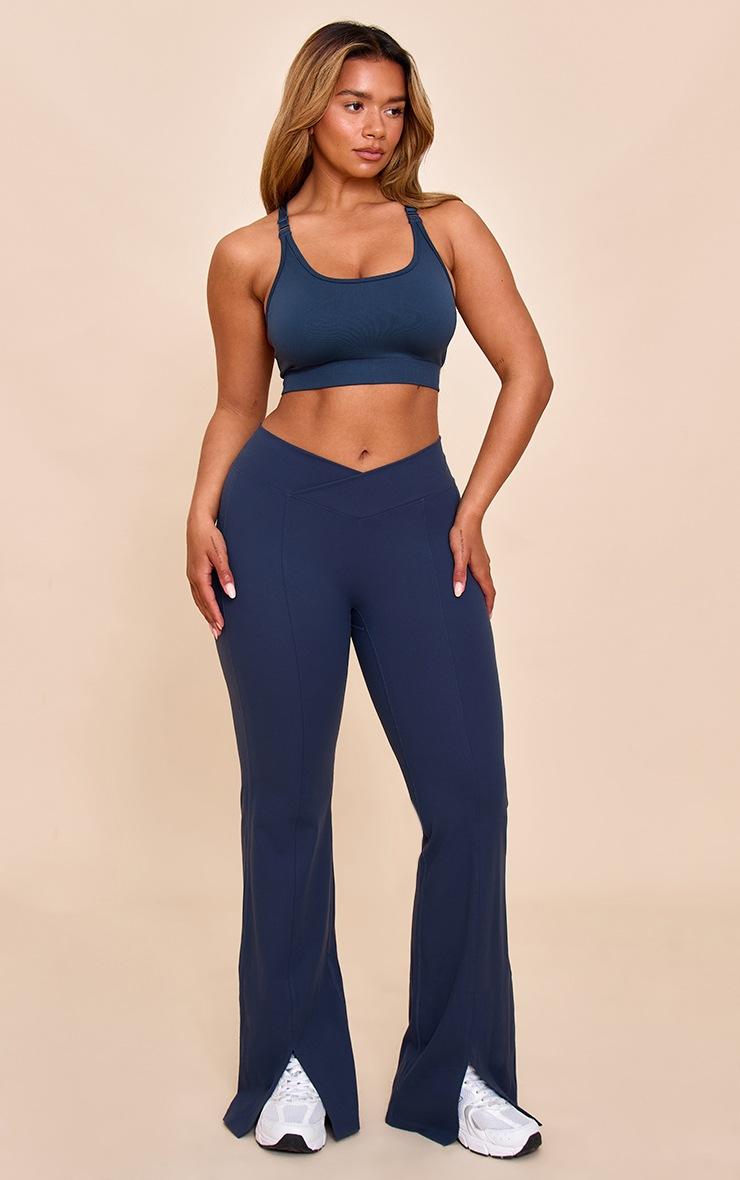 Pretty Little Thing Shape Navy Sculpt Active V Waist Split Front Flare Pants