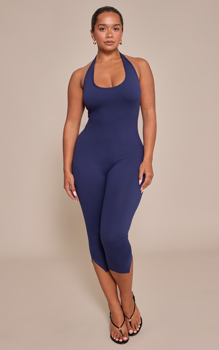 Pretty Little Thing Shape Navy Sculpt Halterneck Capri Jumpsuit