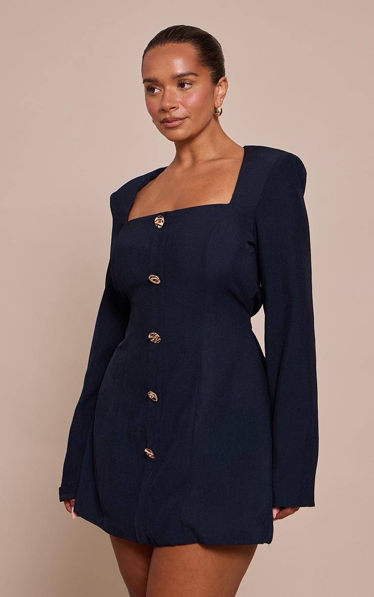 Pretty Little Thing Shape NAVY Tailored Square Neck Hammered Button Mini Dress