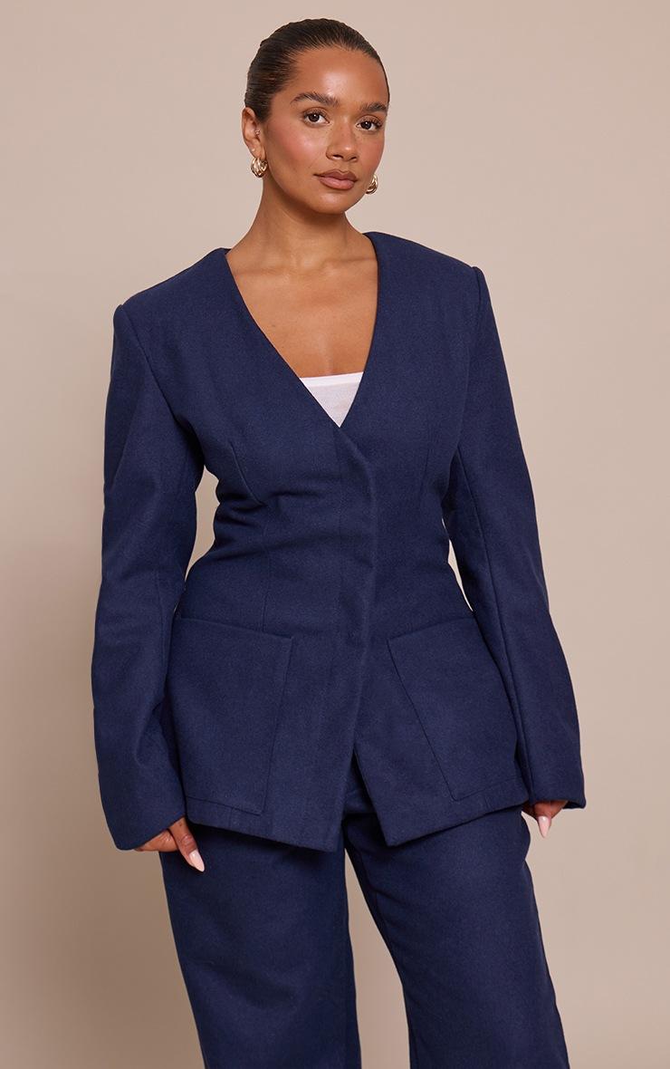 Pretty Little Thing Shape Navy Wool-Look Cross Over Blazer