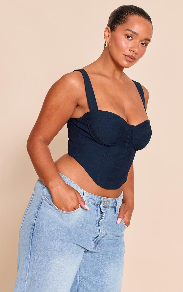 Pretty Little Thing Shape Navy Woven Corseted Crop Top