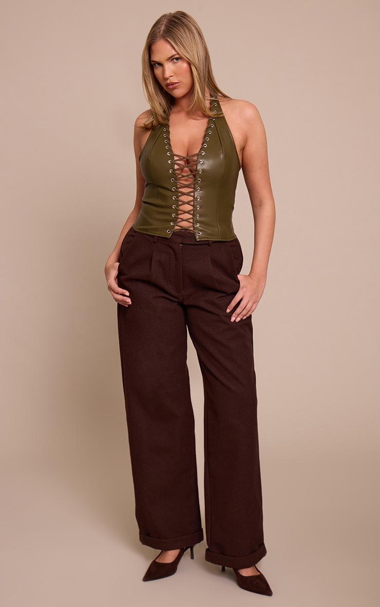 Pretty Little Thing Shape Olive Faux Leather Halter Neck Lace Up Corset