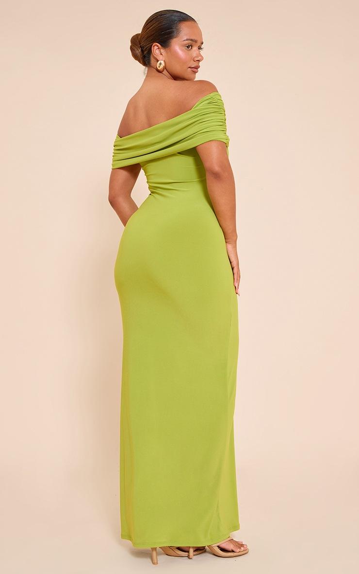 Pretty Little Thing Shape Olive Fold Over Bardot Gold Trim Maxi Dress