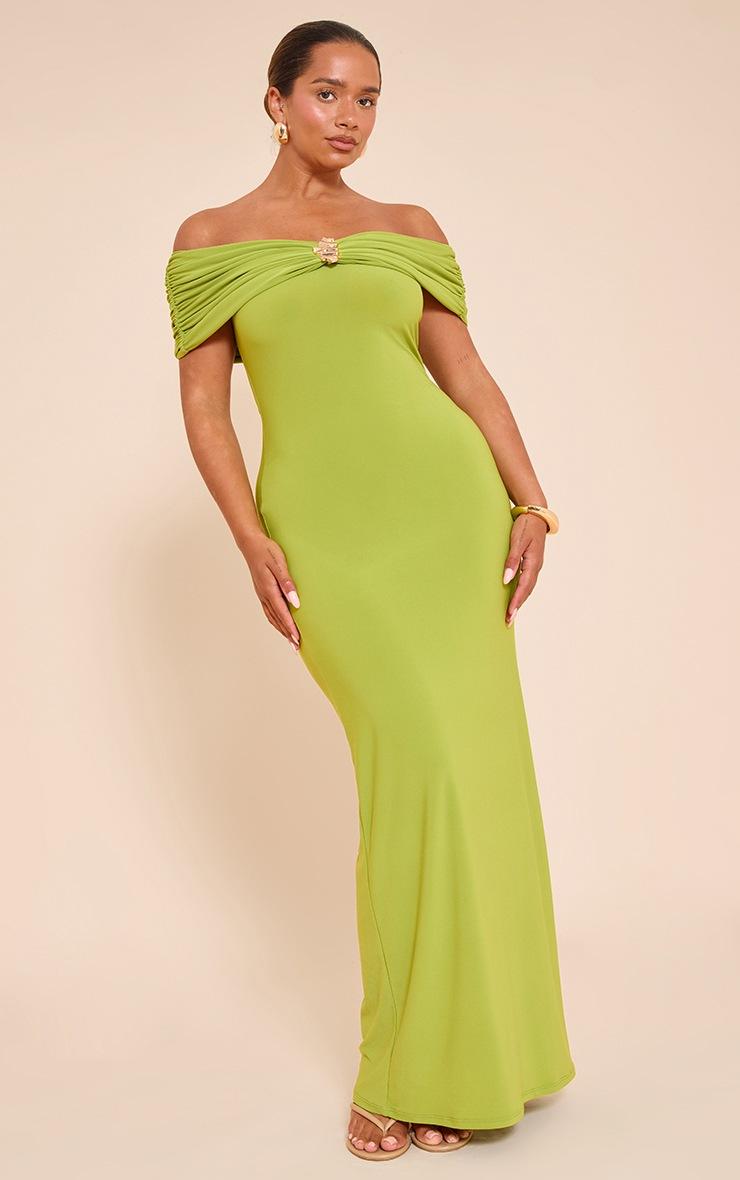 Pretty Little Thing Shape Olive Fold Over Bardot Gold Trim Maxi Dress