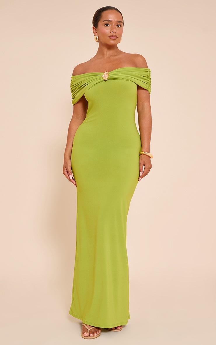 Pretty Little Thing Shape Olive Fold Over Bardot Gold Trim Maxi Dress