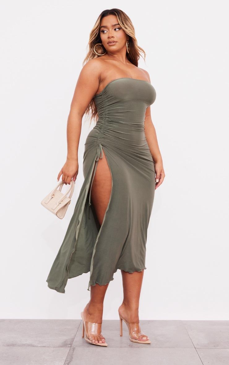 Pretty Little Thing Shape Olive Slinky Bandeau Ruched Side Hem Midaxi Dress
