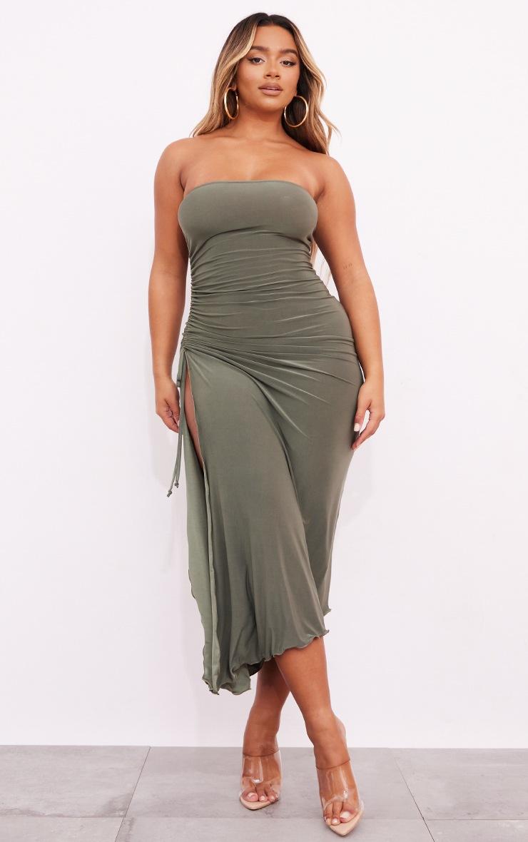 Pretty Little Thing Shape Olive Slinky Bandeau Ruched Side Hem Midaxi Dress