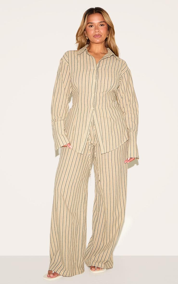 Pretty Little Thing Shape Olive Striped Elasticated Waist Wide Leg Pants