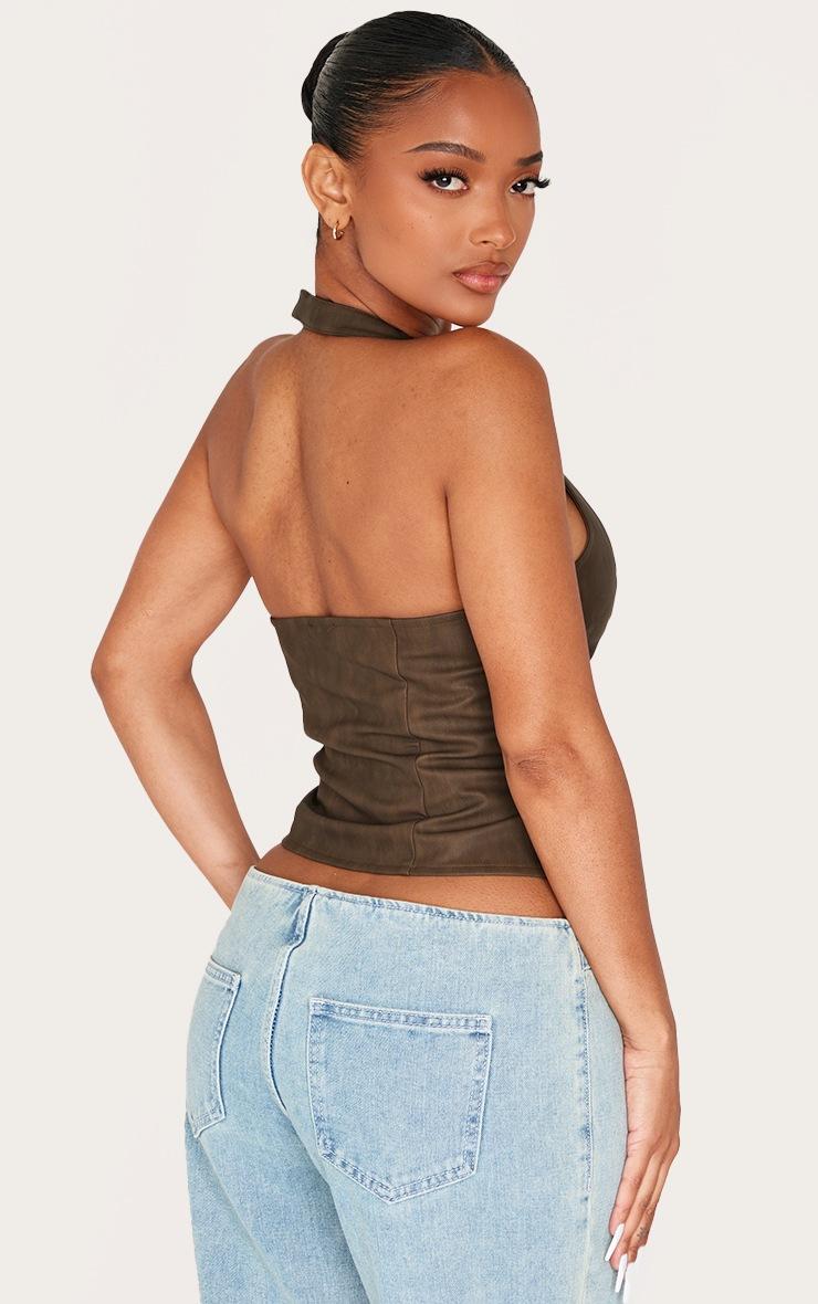 Pretty Little Thing Shape Olive Washed Faux Leather Halter Neck Lace Up Corset