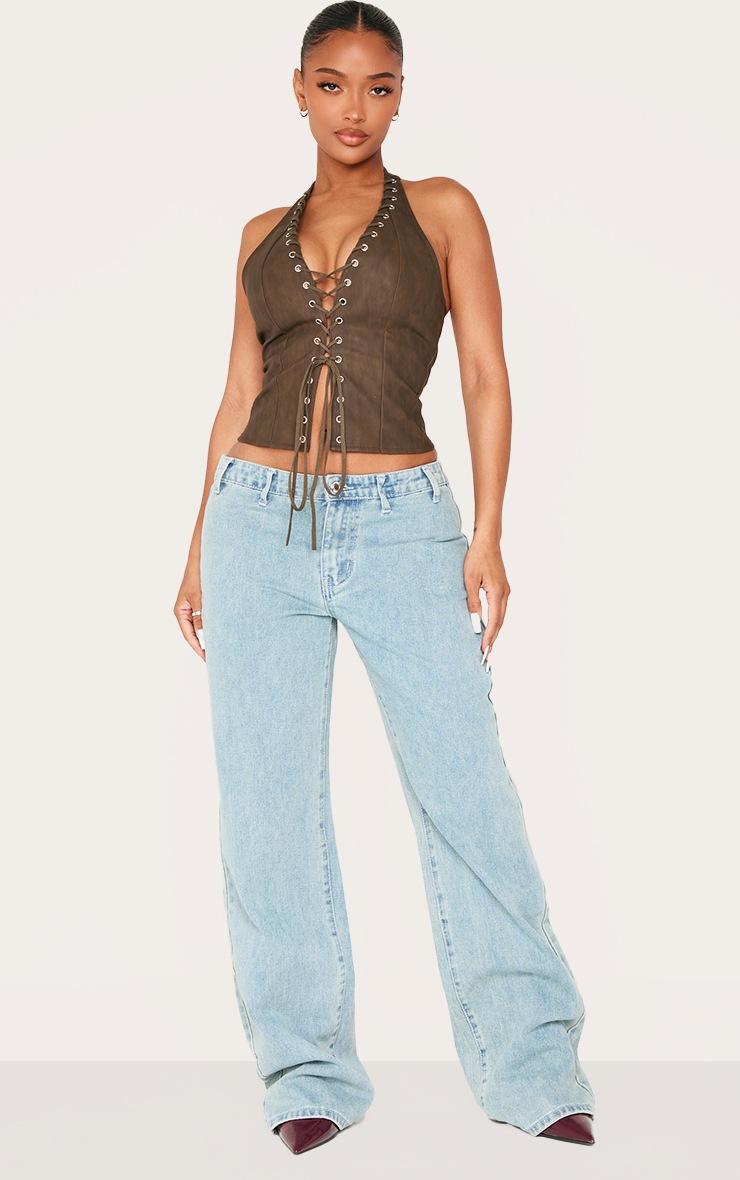Pretty Little Thing Shape Olive Washed Faux Leather Halter Neck Lace Up Corset