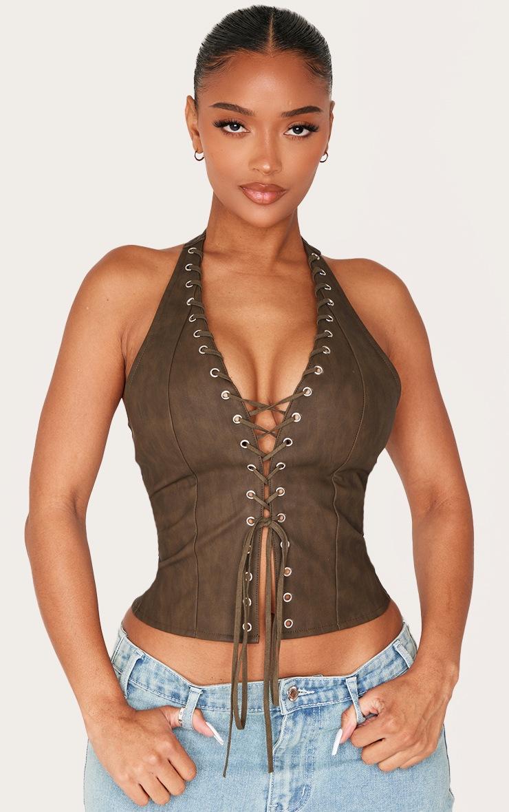 Pretty Little Thing Shape Olive Washed Faux Leather Halter Neck Lace Up Corset