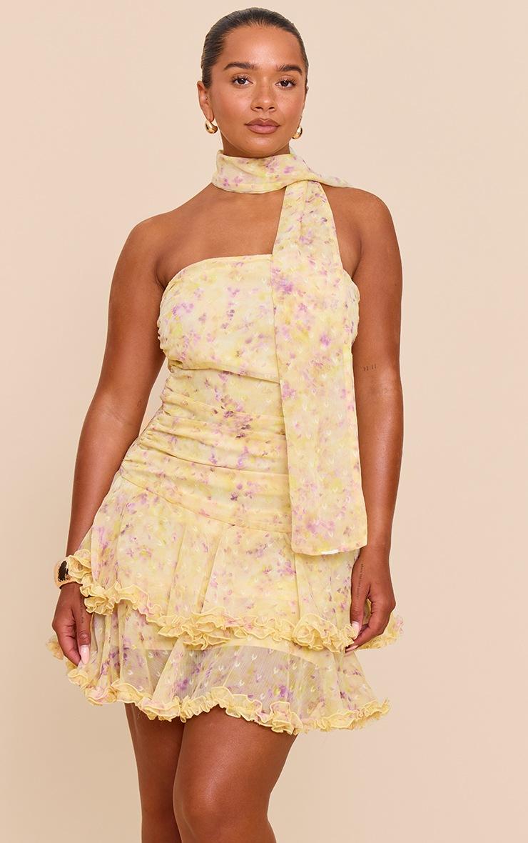 Pretty Little Thing SHAPE Pastel Yellow Chiffon Ditsy Floral Print Tiered Frill Mini Dress