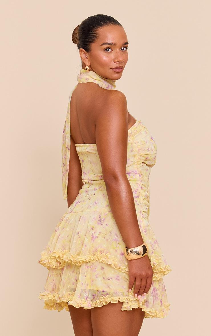 Pretty Little Thing SHAPE Pastel Yellow Chiffon Ditsy Floral Print Tiered Frill mini Dress
