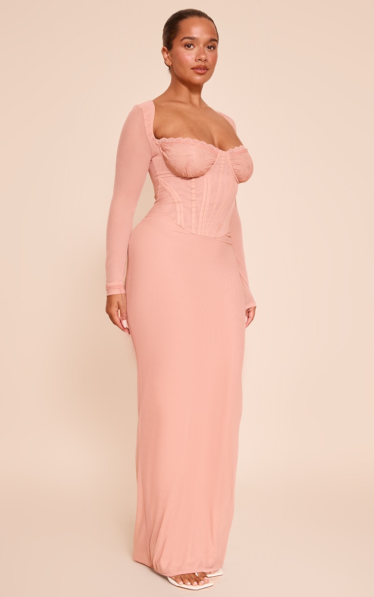 Pretty Little Thing Shape Peach Mesh Lace Insert Corseted Maxi Dress