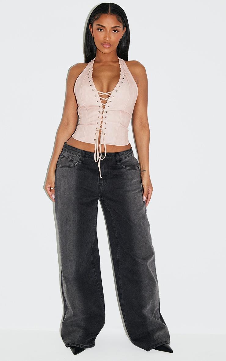 Pretty Little Thing Shape Pink Washed Faux Leather Halter Neck Lace Up Corset