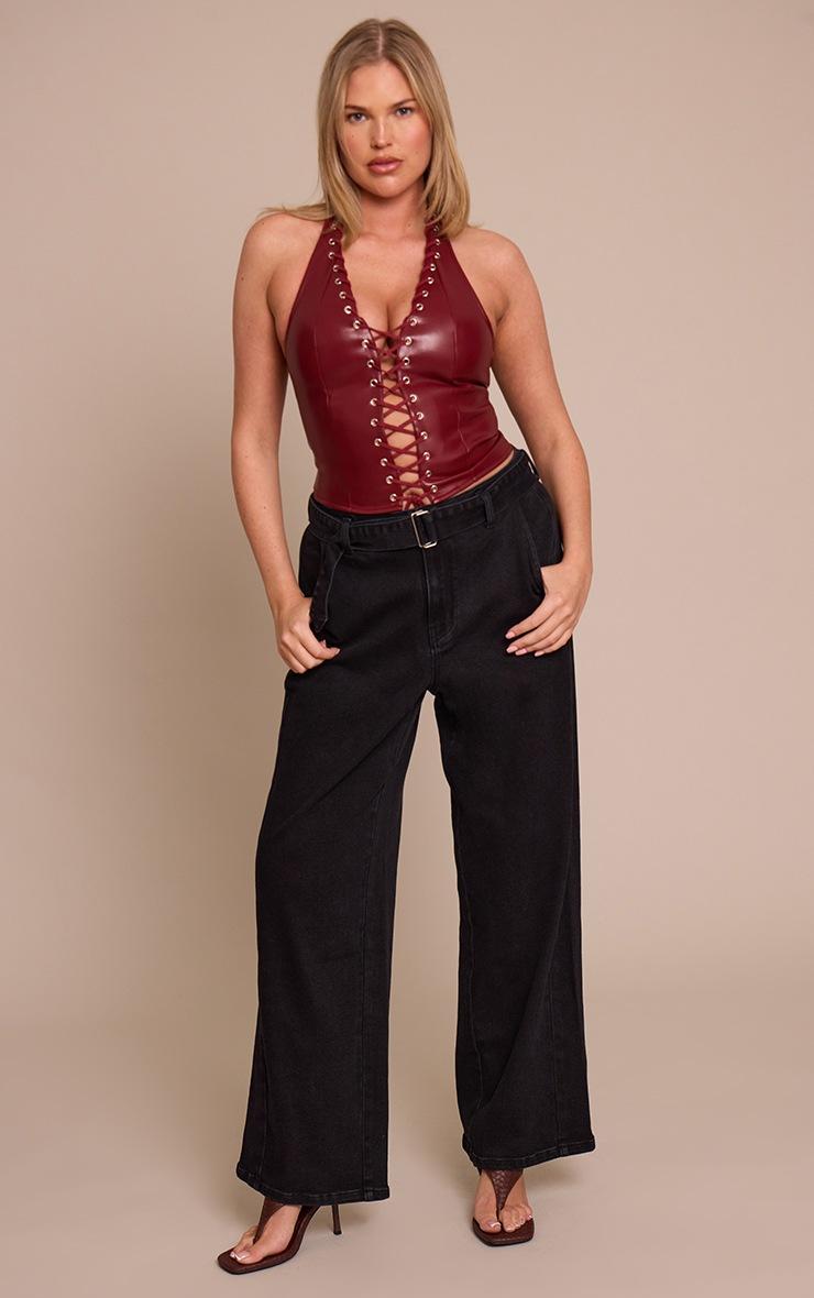 Pretty Little Thing Shape Plum Faux Leather Halter Neck Lace Up Corset