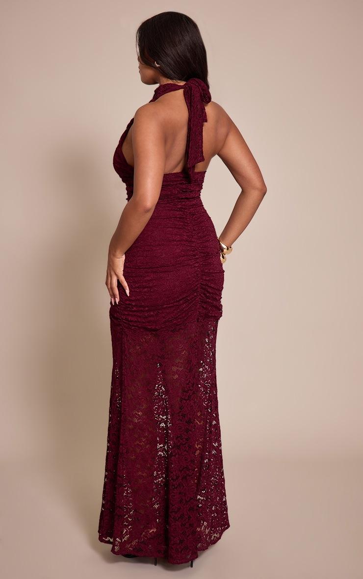 Pretty Little Thing Shape Plum Lace Ruched High Neck Dropped Hem Maxi Dress