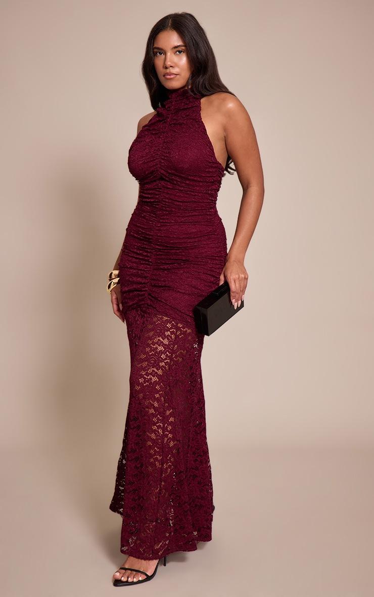 Pretty Little Thing Shape Plum Lace Ruched High Neck Dropped Hem Maxi Dress