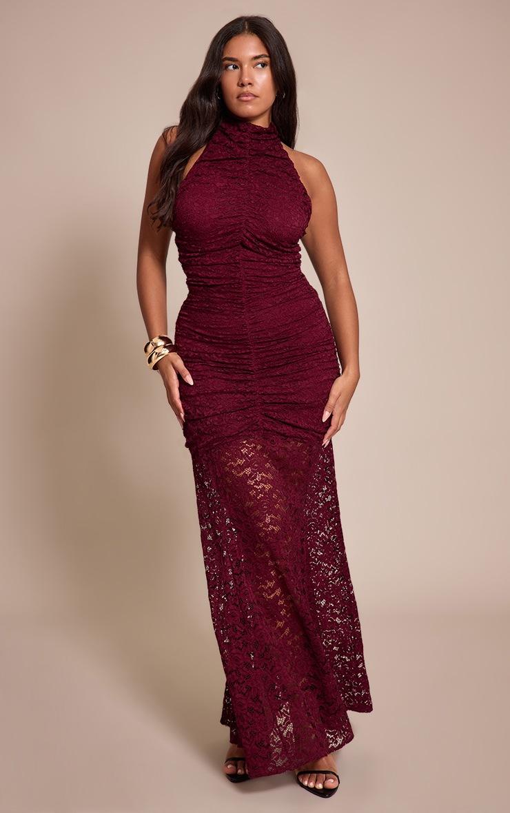 Pretty Little Thing Shape Plum Lace Ruched High Neck Dropped Hem Maxi Dress