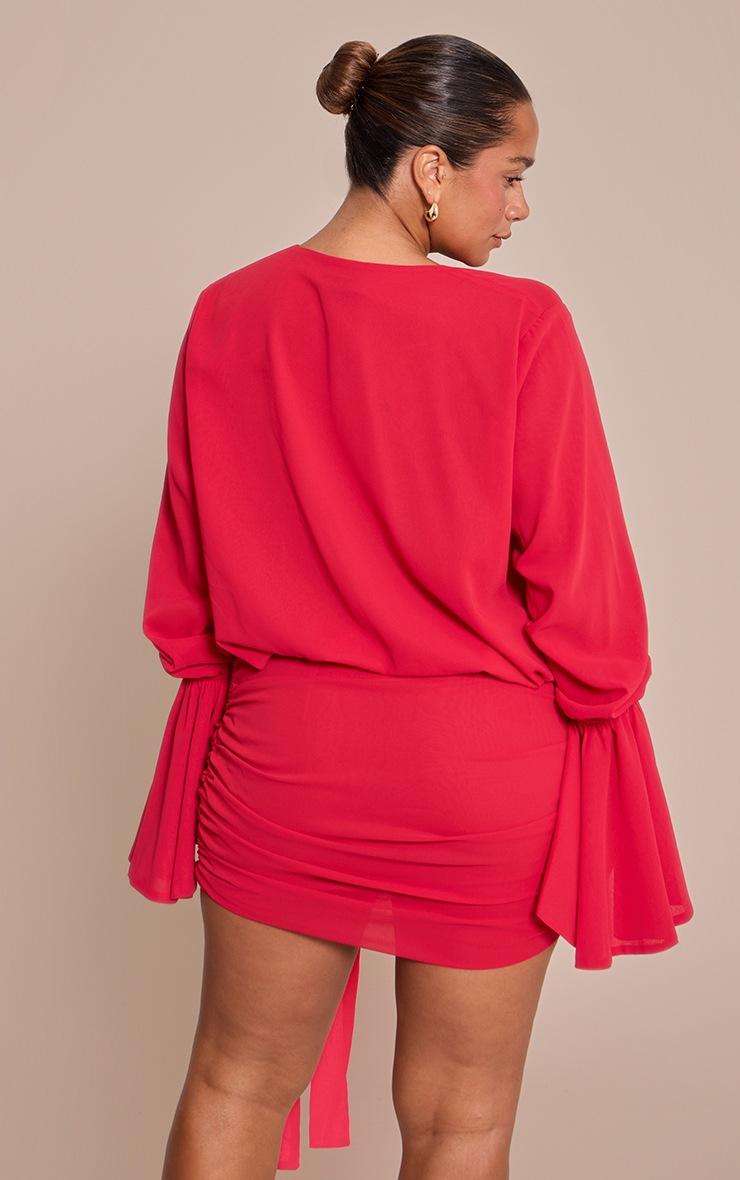Pretty Little Thing Shape Red Chiffon Exaggerated Sleeves Mini Dress