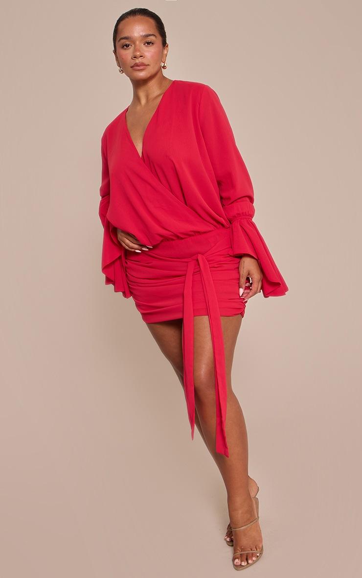 Pretty Little Thing shape red Chiffon Exaggerated Sleeves mini dress