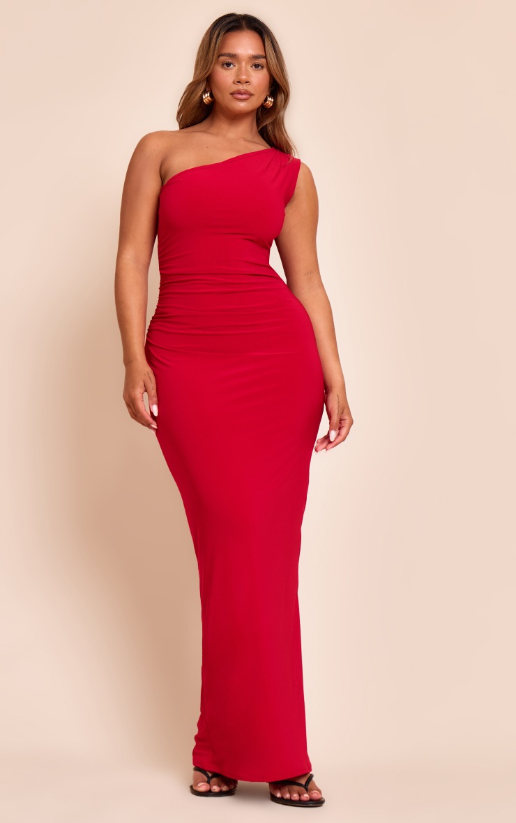 Pretty Little Thing Shape Red One Shoulder Ruched Side Maxi Dress