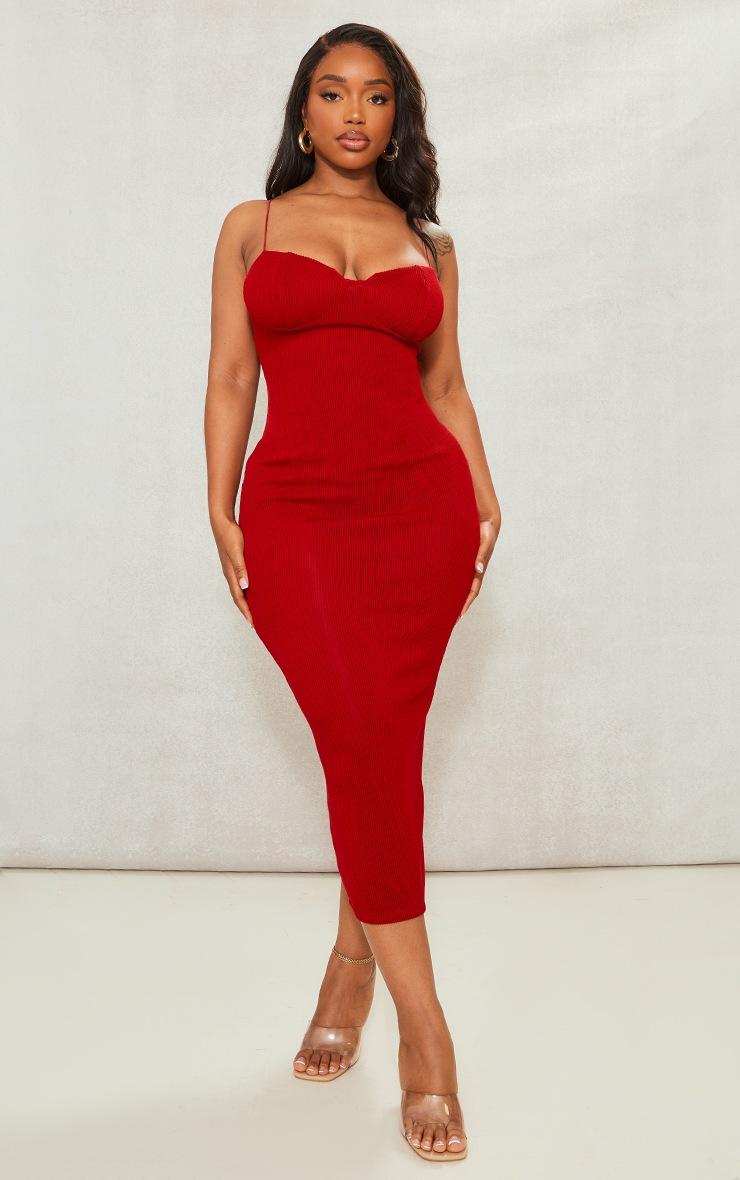 Pretty Little Thing Shape Red Plisse Strappy Cup Detail Midaxi Dress