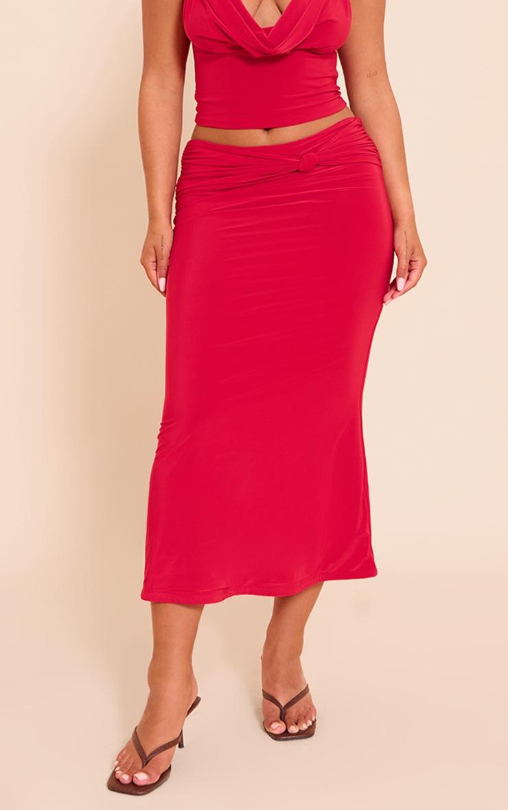 Pretty Little Thing Shape Red Slinky Drape Detail Midi Skirt