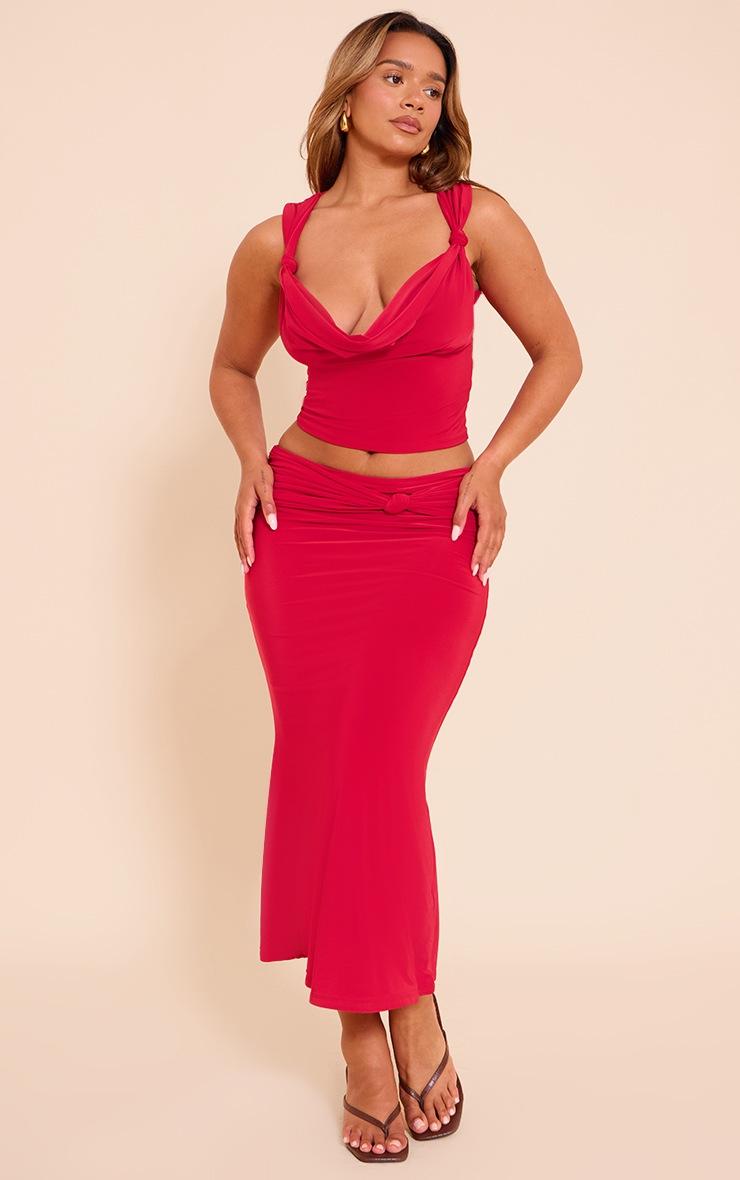 Pretty Little Thing Shape Red Slinky Drape Detail Midi Skirt