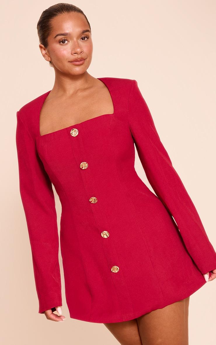 Pretty Little Thing Shape red Tailored Square Neck Hammered Button Mini Dress