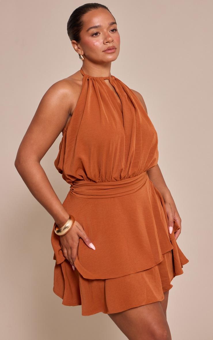 Pretty Little Thing Shape Rust Hammered Satin Tiered Hem Mini Dress