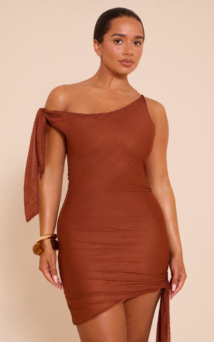 Pretty Little Thing Shape Rust Textured Off Shoulder Tie Side Mini Dress