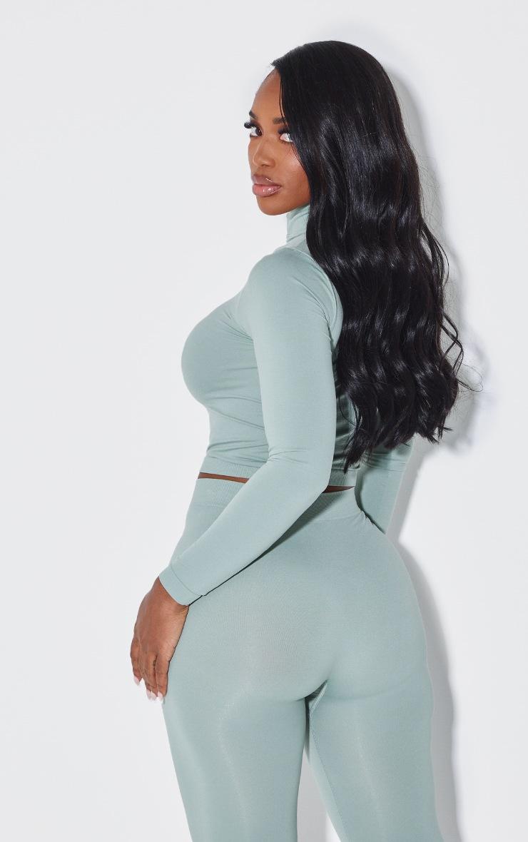 Pretty Little Thing Shape Sage Green Stretch Seamless High Neck Long Sleeve Top