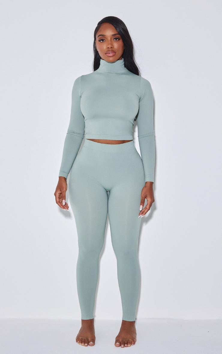 Pretty Little Thing Shape Sage Green Stretch Seamless High Neck Long Sleeve Top