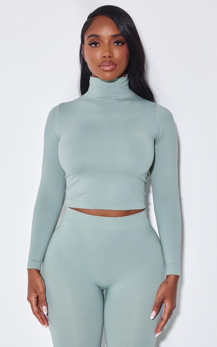 Pretty Little Thing Shape Sage Green Stretch Seamless High Neck Long Sleeve Top