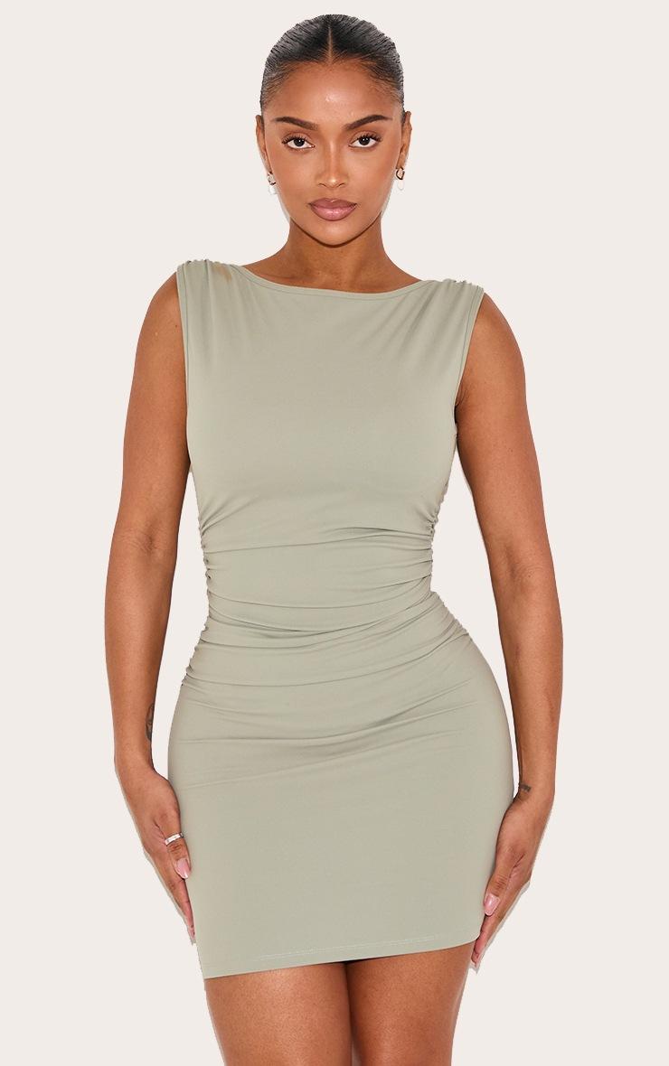 Pretty Little Thing Shape Seafoam Built In Bra Sculpt Boat Neck Ruched Side Mini Dress