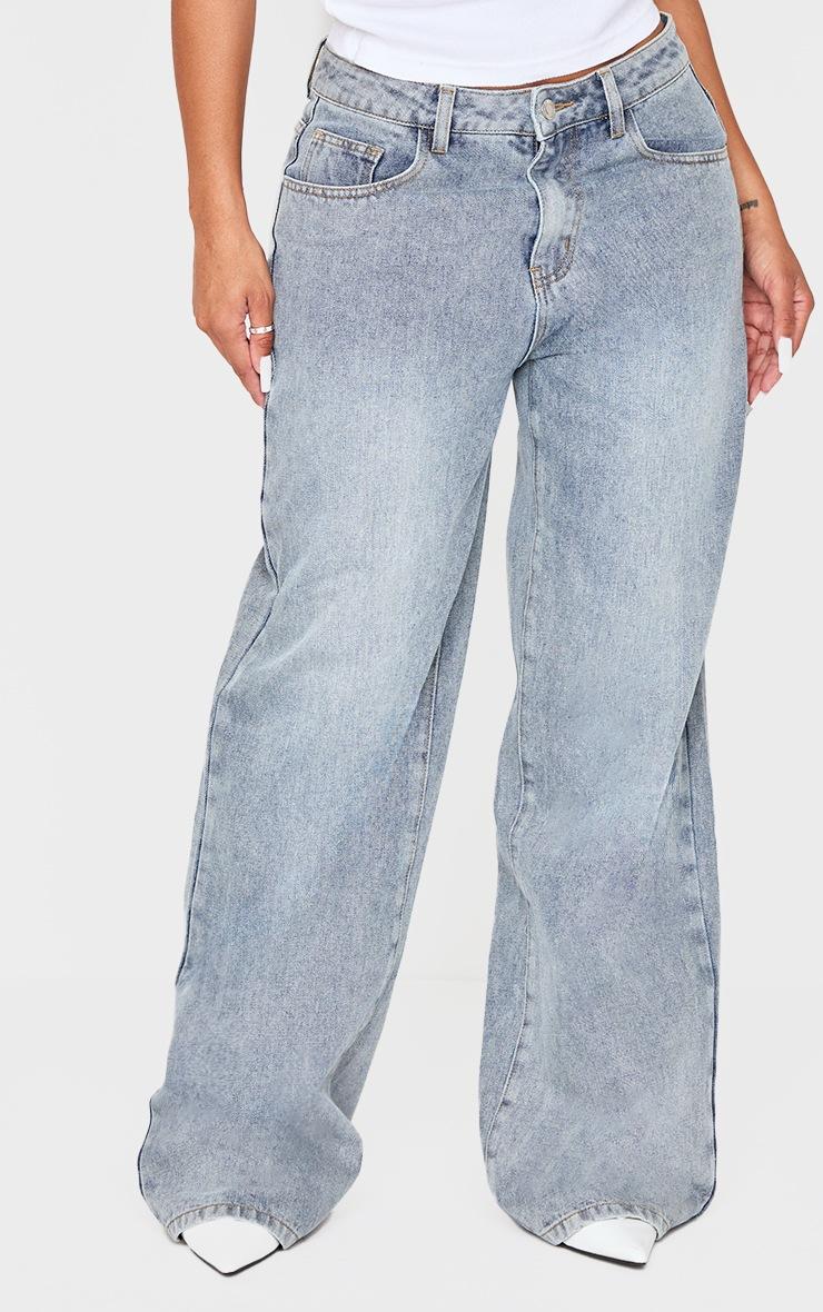 Pretty Little Thing Shape Vintage Light Wash Low Rise Washed Jadore Print Wide Leg Denim Jeans