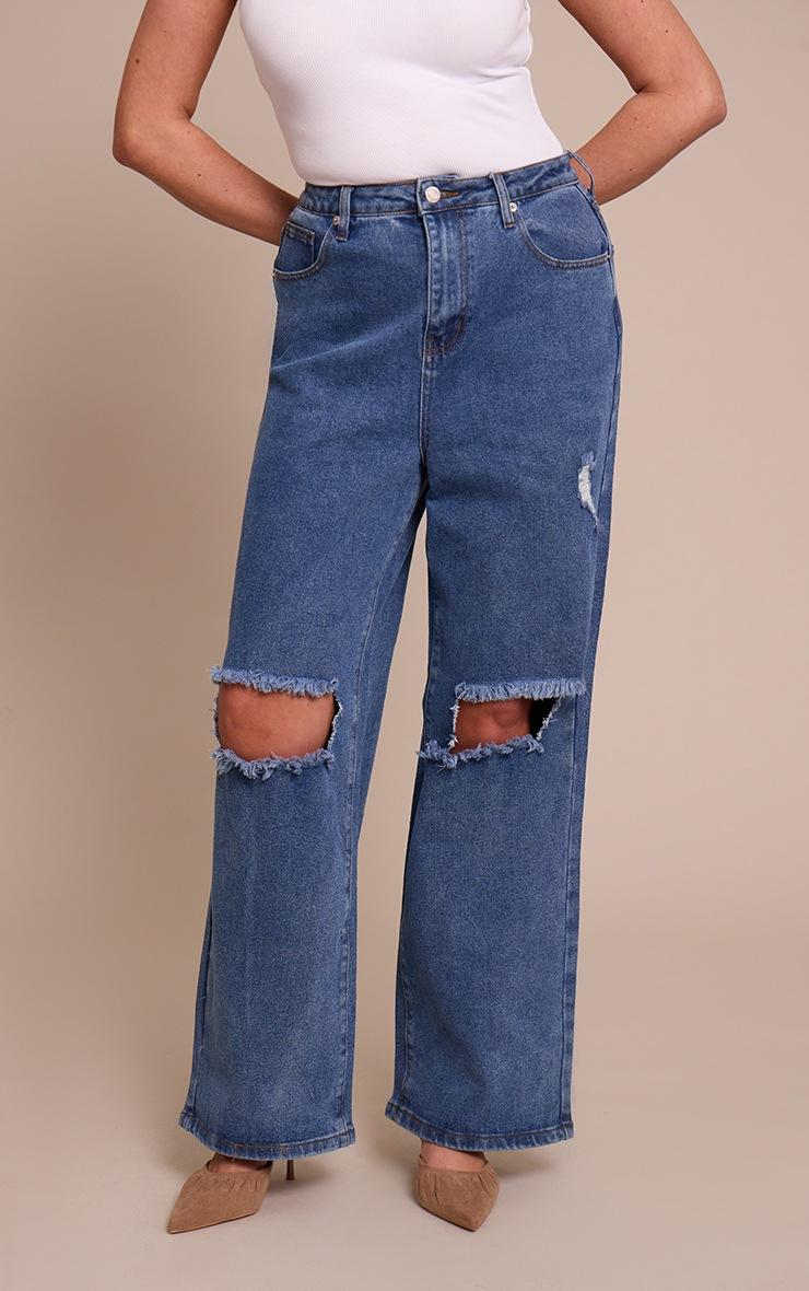 Pretty Little Thing Shape Vintage Mid Wash Stretch Denim Ripped Knee Wide Leg Jeans