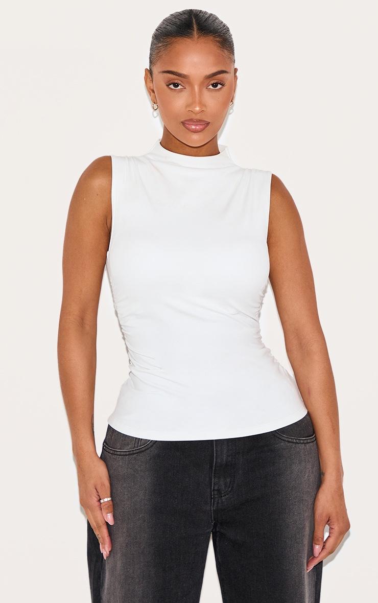 Pretty Little Thing Shape White Built In Bra Sculpt Boat Neck Ruched Side Top