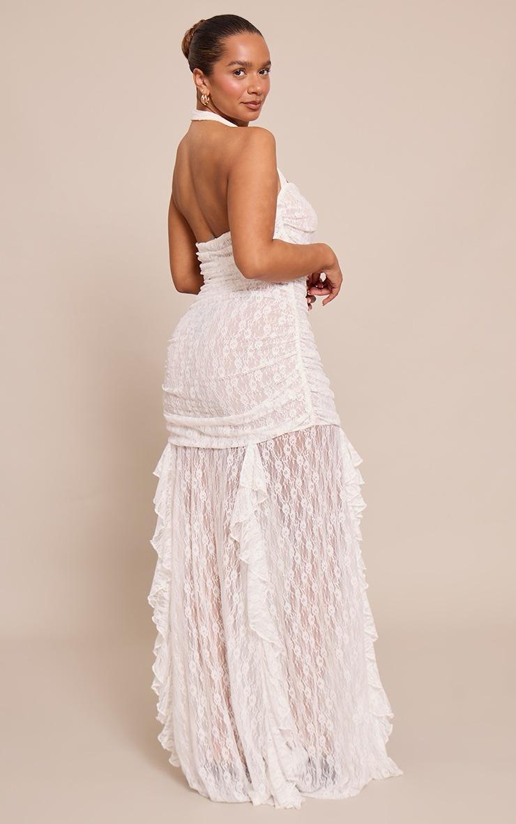 Pretty Little Thing Shape White Lace Ruched Bodice Halterneck Maxi Dress