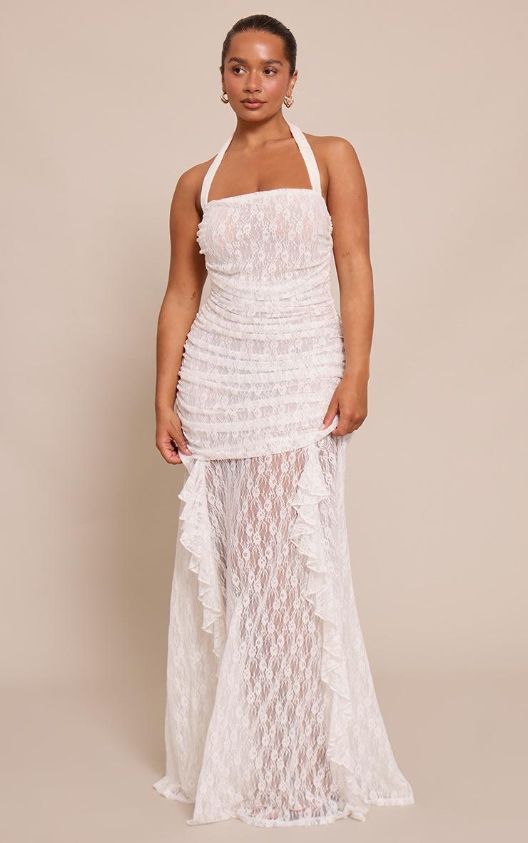Pretty Little Thing Shape White Lace Ruched Bodice Halterneck Maxi Dress