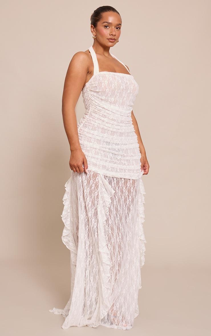 Pretty Little Thing Shape White Lace Ruched Bodice Halterneck Maxi Dress